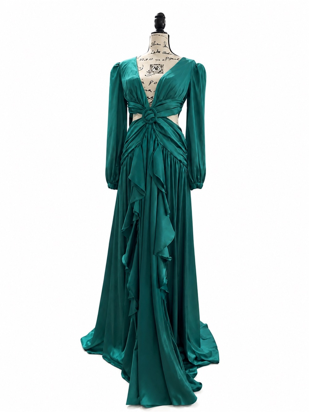 Teal Cutout Ruffle Satin Gown with Long Sleeves
